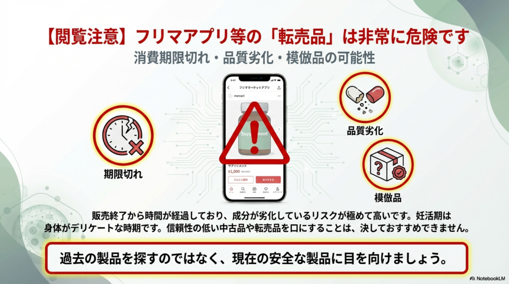 メルカリ等のフリマアプリでの転売品のリスクを警告する図解 。販売終了から時間が経過しているため、消費期限切れ、品質劣化、模倣品の可能性があり、特に妊活期の使用は推奨されないことを示している 。